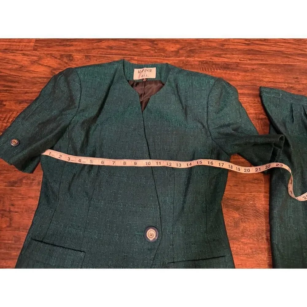 Vintage Kasper ASL Green 2 Piece Short Sleeve Jacket Skirt Suit Set Size 8